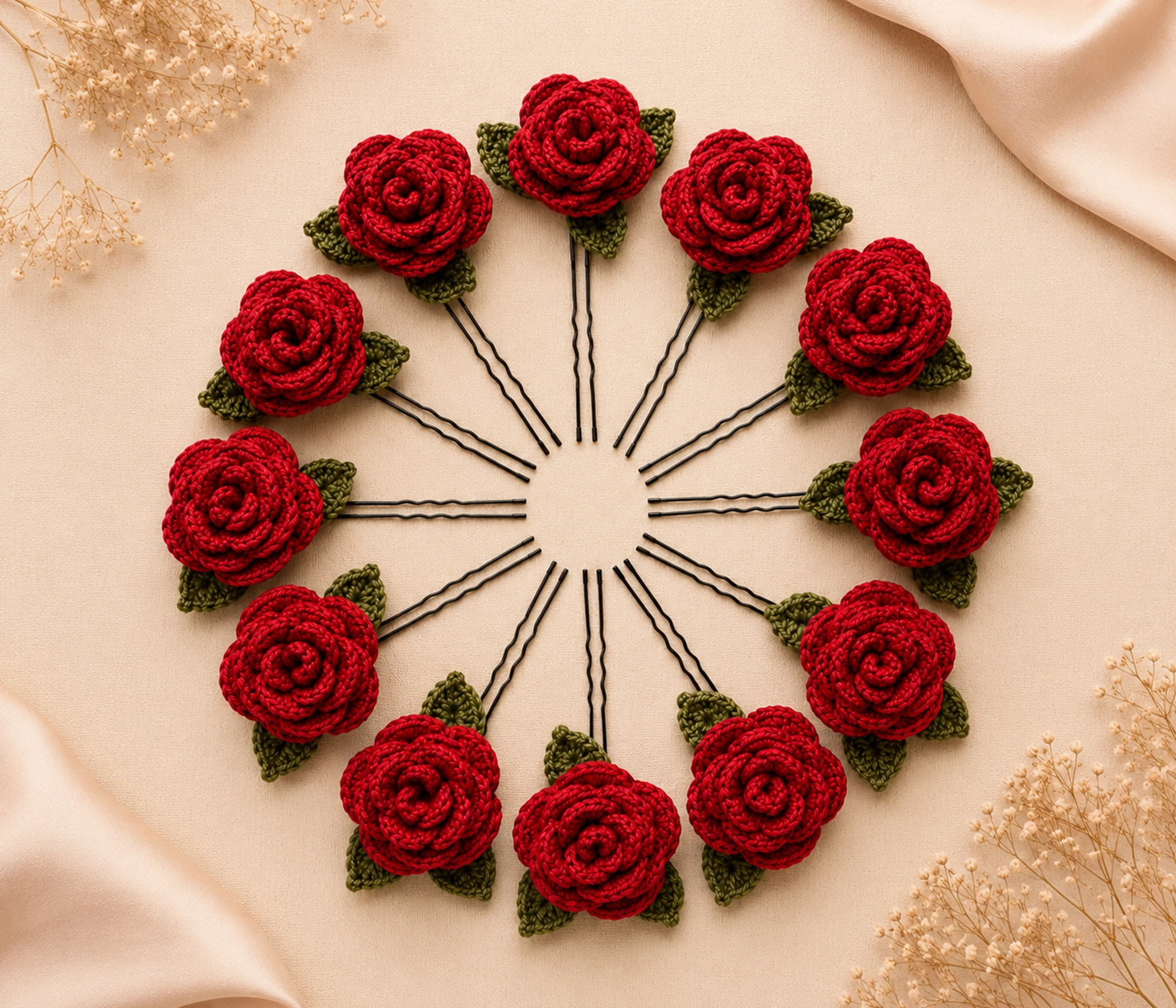 Handmade Crochet Rose Hair Pins (Pack of 12)